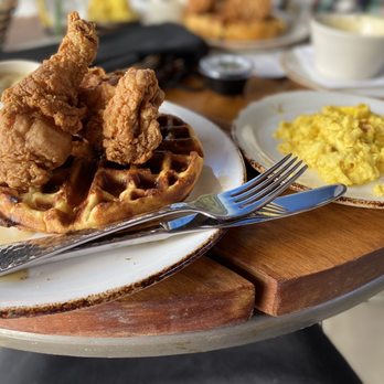 Haywire - Chicken and waffles with scrambled eggs - New American Near Me - Plano, Texas Haywire - Chicken and waffles with scrambled eggs - New American Near Me - Plano, Texas