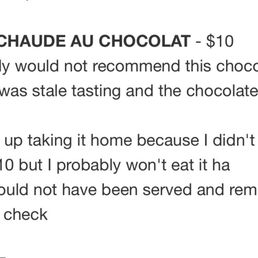 Someone else's review from 2015, wish I did a keyword search. Not warm, not a tart, and had no chocolate taste. Tarte Chaude Au Chocolat Someone else's review from 2015, wish I did a keyword search. Not warm, not a tart, and had no chocolate taste. Tarte Chaude Au Chocolat