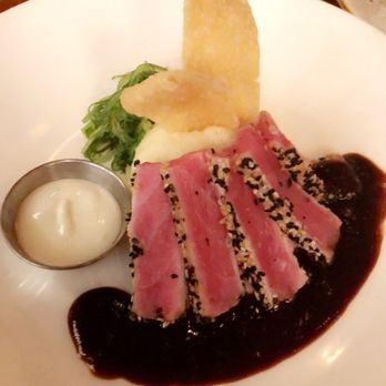 Wahoo! Grill - Sesame-Crusted Ahi Tuna served with  ginger glaze, wasabi cream, wakeme, mashed potatoes - Seafood Near Me - Decatur, Georgia