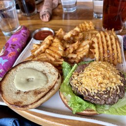 Burger and waffle fries