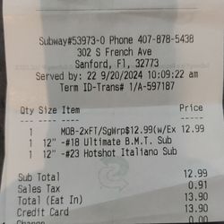 Our receipt for two subs