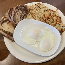 Moondance Cafe - Poached Eggs, Rye Toast, and Hashbrowns.
