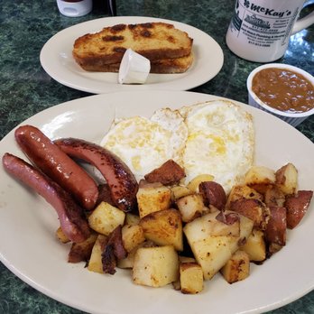 Mckay's - Knockwurst & eggs with beans, homefries, & grilled Irish soda bread - Breakfast & Brunch Near Me - Quincy, Massachusetts