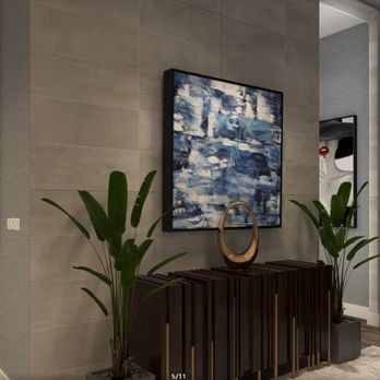 Pamela Johnson Design - Home entry with impactful artwork and stunning entry console. - Interior Design Near Me - Austin, Texas Pamela Johnson Design - Home entry with impactful artwork and stunning entry console. - Interior Design Near Me - Austin, Texas