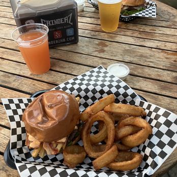 Grinderz - Bird's nest Burger, onion rings, and most importantly beer! - Burgers Near Me - Huntington Beach, California