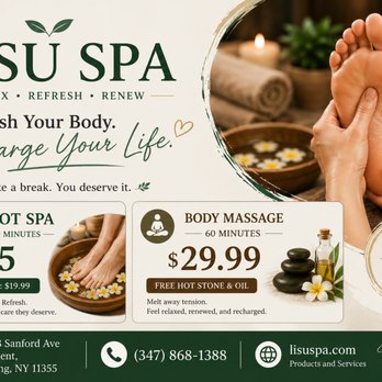 Lisu Spa - Take a break--you deserve it!
Relax, recharge, and treat yourself at LISU SPA. - Massage Near Me - New York, New York Lisu Spa - Take a break--you deserve it!
Relax, recharge, and treat yourself at LISU SPA. - Massage Near Me - New York, New York