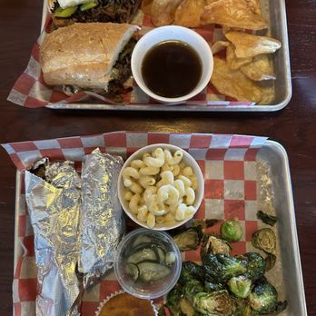 Hop Hog - Brisket Philly and Hop Hog Choice platter with brisket, pulled pork, mac and cheese, and Brussels sprouts - Barbeque Near Me - Lowell, Michigan