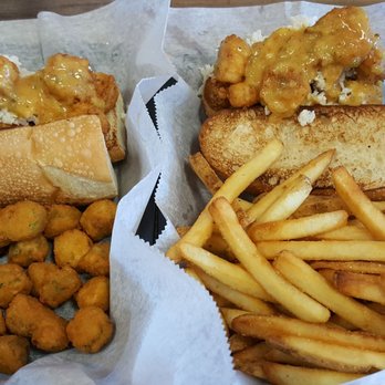 Skrimp Shack - Skrimp and crab po boy. Spicy. One with fried okra the other fries. So good! - Seafood Near Me - Norfolk, Virginia Skrimp Shack - Skrimp and crab po boy. Spicy. One with fried okra the other fries. So good! - Seafood Near Me - Norfolk, Virginia