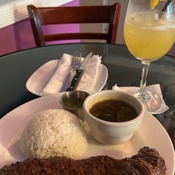 The Tequila River - Skirt steak, rice and beans. Mezcal tequila cockatail