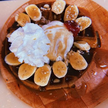 My Cafe - Banana macadamia nut Waffle ( a must try ) - Breakfast & Brunch Near Me - Kapolei, Hawaii