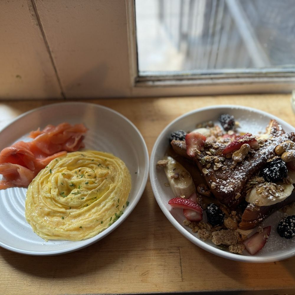 Soft scrambled eggs, side of smoked salmon, Nutella Stuffed French Toast Soft scrambled eggs, side of smoked salmon, Nutella Stuffed French Toast