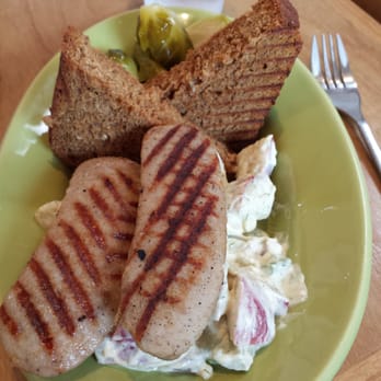 Sjolinds Chocolate House - My lunch special: Swedish sausage,  potato salad, limpa and pickled Brussels sprouts - Coffee & Tea Near Me - Mount Horeb, Wisconsin