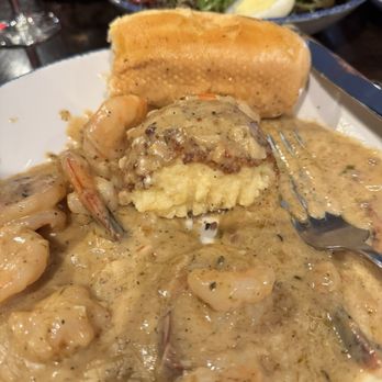 Kingfisher Seafood - Shrimp and Grits after I dug into it! Crispy ball of grits! - Seafood Near Me - Fairhope, Alabama