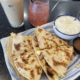 Breakfast quesadilla, white cheddar grits & iced latte Breakfast quesadilla, white cheddar grits & iced latte