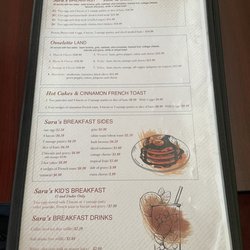 Sara's Restaurant - Breakfast menu