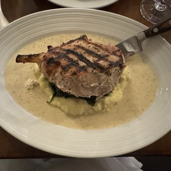 The Bourbon Pear - Duroc Pork Chop / Mustard Sauce / Mashed Potatoes / Spinach (way too salty) $34 - Southern Near Me - Livermore, California The Bourbon Pear - Duroc Pork Chop / Mustard Sauce / Mashed Potatoes / Spinach (way too salty) $34 - Southern Near Me - Livermore, California