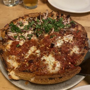 Blue Line Pizza - Half Blue Line and half Mediterranean chicken - can't go wrong with any though! - Pizza Near Me - Mountain View, California Blue Line Pizza - Half Blue Line and half Mediterranean chicken - can't go wrong with any though! - Pizza Near Me - Mountain View, California