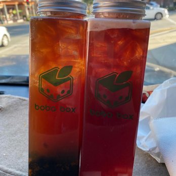 Boba Box - peach oolong tea with boba and strawberry oolong tea with lychee jelly - Coffee & Tea Near Me - Monrovia, California Boba Box - peach oolong tea with boba and strawberry oolong tea with lychee jelly - Coffee & Tea Near Me - Monrovia, California