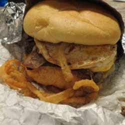 S&B's Burger Joint - Burger with fried egg, crispy fried onions, mushrooms, and swiss cheese