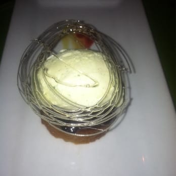 Morimoto - Miso honey cake with vanilla ice cream, fruit compote, & spun sugar - Japanese Near Me - Philadelphia, Pennsylvania