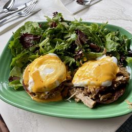 "Mexican Benedict" (two poached eggs with carnitas on a toasted English muffin, topped with chipotle hollandaise) "Mexican Benedict" (two poached eggs with carnitas on a toasted English muffin, topped with chipotle hollandaise)