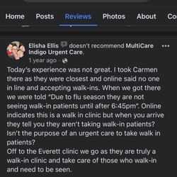 MultiCare Indigo Urgent Care - My review of Lake Stevens last year when they didn't take my daughter as a walk-in