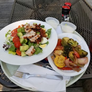 Becks Prime - Cobb salad with prime pork tenderloin, with a side of grilled veggies. - Hot Dogs Near Me - Houston, Texas Becks Prime - Cobb salad with prime pork tenderloin, with a side of grilled veggies. - Hot Dogs Near Me - Houston, Texas