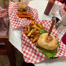 Big Jims Grill and Meat Market - B&B Burger with fries and Kids cheeseburger with sweet potato fries