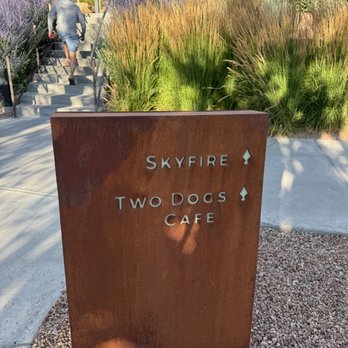 SkyFire - A rust-colored metal sign displays the name 'Skyfire Two Dogs Cafe' outdoors, with a garden of tall grasses and purple flowers behind it. - American Near Me - Santa Fe, New Mexico