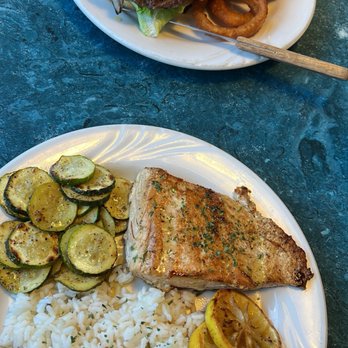 Gabby's Diner - BBQ Breaded Smashed Burger w/ upgraded to Onion Rings & 8oz Salmon Dinner w/ substitute zucchini as vegetable side - American Near Me - Milan, New Mexico