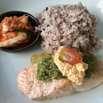 O'Kims - Seaweed Salmon: Poached salmon topped w/panko & seaweed powder, Korean remoulade, tosazu gelee, pickled tomato, purple rice & kimchi - Korean Near Me - Honolulu, Hawaii