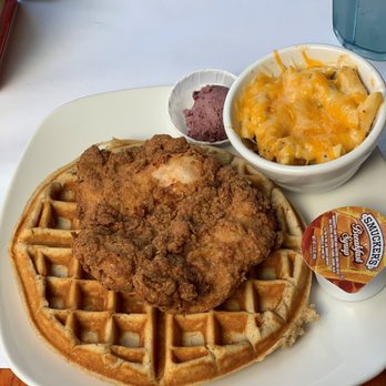 Dame's Chicken & Waffles - What a Classy Hen with a side of Mac & Cheese, blueberry shmear, and hot maple syrup - Southern Near Me - Durham, North Carolina