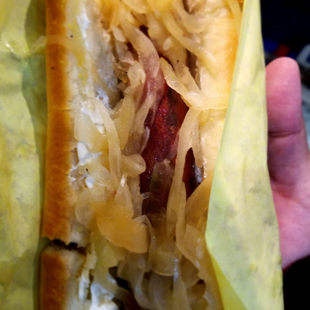 Monster Dogs - Seattle Dog: cream cheese, polish dog and sauteed onions. - Hot Dogs Near Me - Seattle, Washington Monster Dogs - Seattle Dog: cream cheese, polish dog and sauteed onions. - Hot Dogs Near Me - Seattle, Washington