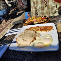 Hot Brew Bistro - Chicken fried steak with hash browns. I ordered scrambled eggs and the receipt said scrambled eggs, but they were fried. No biggie.