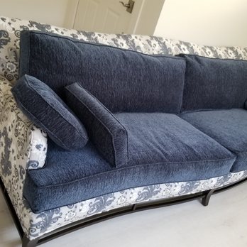 West Valley Upholstery - Angelo Donghia sofa in blue Chenille and ecru linen with blue silk thread - Furniture Reupholstery Near Me - Canoga Park, California West Valley Upholstery - Angelo Donghia sofa in blue Chenille and ecru linen with blue silk thread - Furniture Reupholstery Near Me - Canoga Park, California
