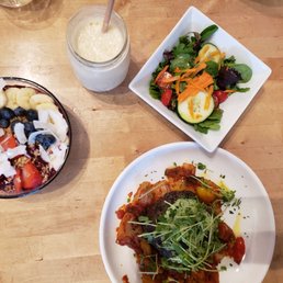 Mushroom burger, acai bowl, honey bee nectar smoothie
