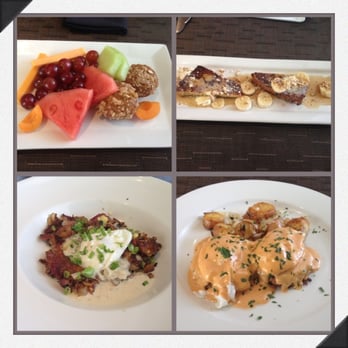 Boulevard Bistro - Fruits, cheese, and muffins plate, French toasts, corned beef hash, and last but not least crab cake Benedict - New American Near Me - Elk Grove, California