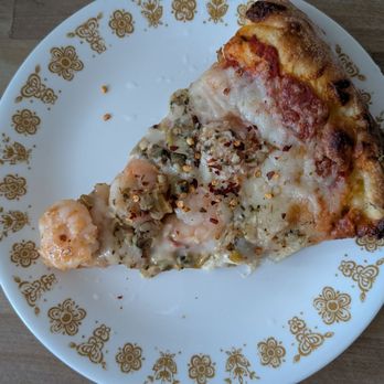 Zorba's Pizza - Santorini seafood pizza, slice reheated - Italian Near Me - Millbrae, California Zorba's Pizza - Santorini seafood pizza, slice reheated - Italian Near Me - Millbrae, California
