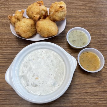 Amaral's Fish & Chips - Creamy white chowda, crispy doughy clam cakes! So tasty! - Seafood Near Me - Warren, Rhode Island