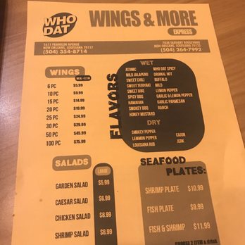 Who Dat Wings And More - Front of menu - Chicken Wings Near Me - New Orleans, Louisiana