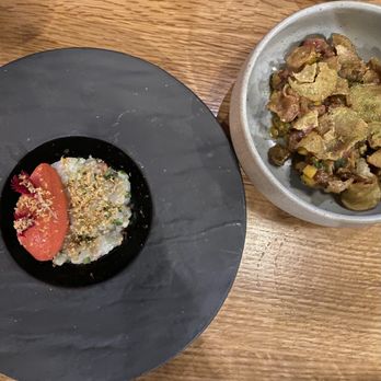 Rooster & Owl - (L): scallop crudo strawberry, nuoc cham, katsuobushi  (R): steak tartare thai green papaya, mango, potato chips - New American Near Me - Washington, DC, District of Columbia