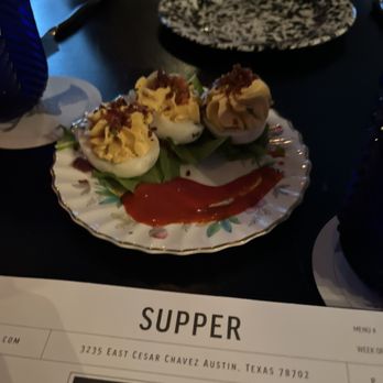 Jacoby's Restaurant & Mercantile - Deviled eggs topped with bacon. Sorry it's blurry. I was on a first date and didn't want to seem rude. ;) - New American Near Me - Austin, Texas Jacoby's Restaurant & Mercantile - Deviled eggs topped with bacon. Sorry it's blurry. I was on a first date and didn't want to seem rude. ;) - New American Near Me - Austin, Texas