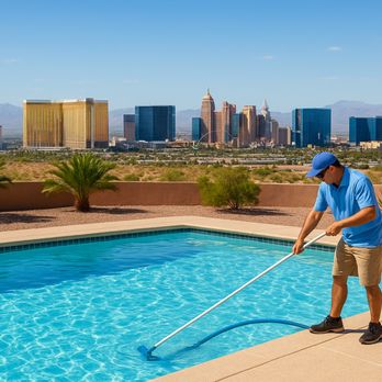 Las Vegas Pool Experts - Pool technician cleaning a backyard pool overlooking the Las Vegas Strip. - Pool & Hot Tub Service Near Me - Henderson, Nevada Las Vegas Pool Experts - Pool technician cleaning a backyard pool overlooking the Las Vegas Strip. - Pool & Hot Tub Service Near Me - Henderson, Nevada