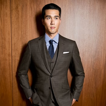 Black Lapel - Charcoal Brown 3-piece Suit w/ Blue Overcheck - Formal Wear Near Me - New York, New York Black Lapel - Charcoal Brown 3-piece Suit w/ Blue Overcheck - Formal Wear Near Me - New York, New York