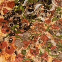 Pepperoni sausage black olives onions and green peppers. Pepperoni sausage black olives onions and green peppers.