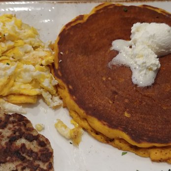 First Watch - Pumpkin pancake, scrambled eggs hard, and chicken sausage - Breakfast & Brunch Near Me - Houston, Texas