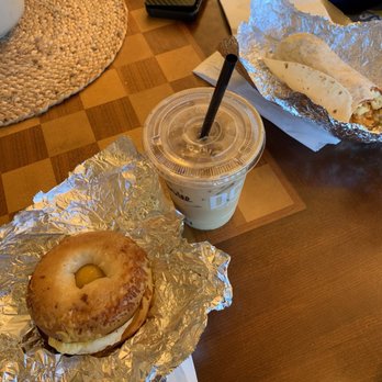 Fogtown Coffee Bar - Iced Caramel Brûlée Coffee with breakfast bagel and breakfast burrito - Coffee & Tea Near Me - Port Angeles, Washington