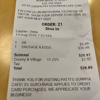 Patti's Sunrise Cafe - My receipt - Breakfast & Brunch Near Me - Burr Ridge, Illinois Patti's Sunrise Cafe - My receipt - Breakfast & Brunch Near Me - Burr Ridge, Illinois