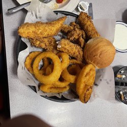 Cafe USA - Chicken strips are delicious. And would feed at least 2 people.