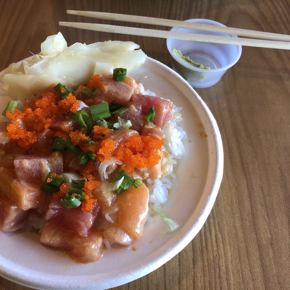 The One Cafe - Salmon and tuna poke bowl with onion, masago, green onion, original sauce, spicy sauce, spicy mayo, and side of pickled ginger and wasabi - Sandwiches Near Me - Edmond, Oklahoma The One Cafe - Salmon and tuna poke bowl with onion, masago, green onion, original sauce, spicy sauce, spicy mayo, and side of pickled ginger and wasabi - Sandwiches Near Me - Edmond, Oklahoma